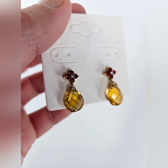 Briolette Citrine and Garnet Drop Earrings in 10K Gold with Diamond Accents - Picture 5 of 5